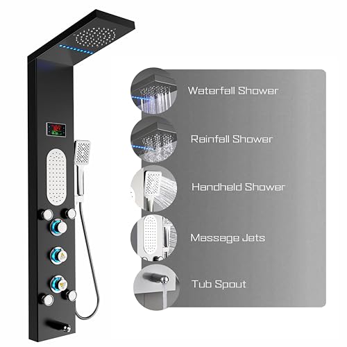 ELLO&ALLO LED Shower Panel Tower System, Rainfall and Mist Shower Head Rain Massage with Body Jets, Brushed Black - color: Black
