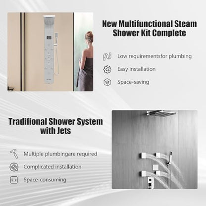 6-in-1 LED Shower Panel Tower System with 8 Adjustable Body Jets, Rainfall & Waterfall Shower, Smart Temperature Display, 59" Hose, Brushed Gold Stainless Steel, Wall Mounted (Silver) - color: Silver