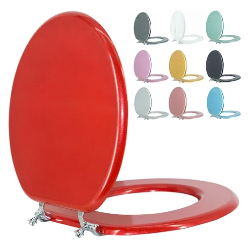 Round Toilet Seat Wood Toilet Seat Prevent Shifting with Zinc Alloy Hinges American Standard Size Toilet Seat Easy to Install also Easy to Clean (Round,Sparkling Christmas Red) - color: Christmas Red, size: Round