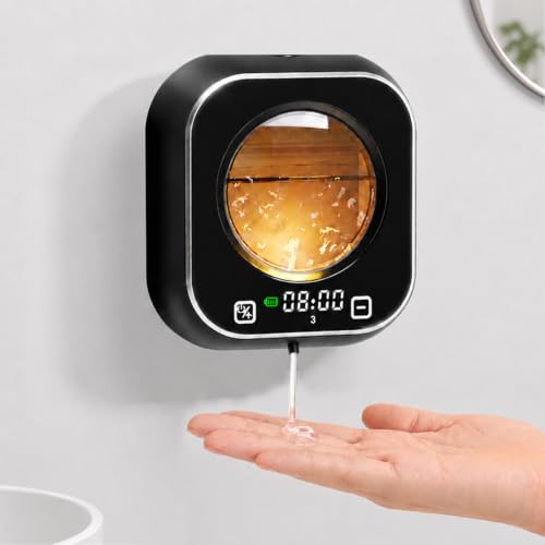 Automatic Soap Dispenser Touchless, Wall Mount, Rechargeable, Mood Lighting | 5 Adjustable Levels, IPX5 Waterproof, LED Clock, 320ML, Hand & Dish Soap for Bathroom Kitchen, Black - color: Black