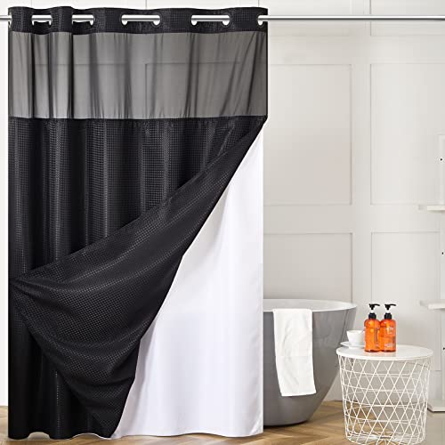 Furlinic No Hook Waffle Weave Shower Curtain with Snap in Liner Set,Heavy Duty Fabric Textured Bathroom Curtain with Sheer Window,Waterproof & Machine Washable,Black,Stall Size 36x72 Inch - color: Black, size: 36"W x 72"L (Pack of 1)