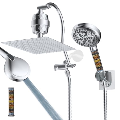 Hibbent All Metal 12'' Dual Filtered Rainfall Shower Head Combo, High Pressure Handheld Shower Head with 12'' Adjustable Curved Extension Arm, 20 Stage Shower Filter, 10-spray, 71'' Hose, Chrome - color: Chrome Finished, style: Square 12'' with Filter