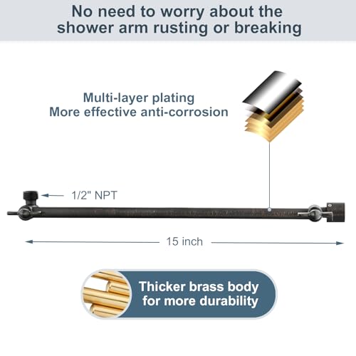 BRIGHT SHOWERS 15 Inch Extra Long Shower Head Extension Arm, Solid Brass Shower Arm Extender with Locking Screw for Rain and Handheld Showerhead, Height & Angle Adjustable, Oil-Rubbed Bronze - color: Oil Rubbed Bronze, style: 15 Inch