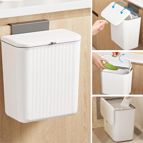 Kitchen Compost Bin Cabinet Hanging Small Trash Can with Lid 2.4 Gallon | Food Waste Bin for Counter Top Under Sink Rv Wall Mounted Bathroom Trash Can - color: white