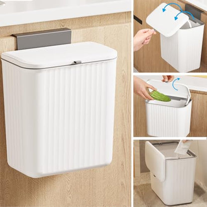 Kitchen Compost Bin Cabinet Hanging Small Trash Can with Lid 2.4 Gallon | Food Waste Bin for Counter Top Under Sink Rv Wall Mounted Bathroom Trash Can - color: white
