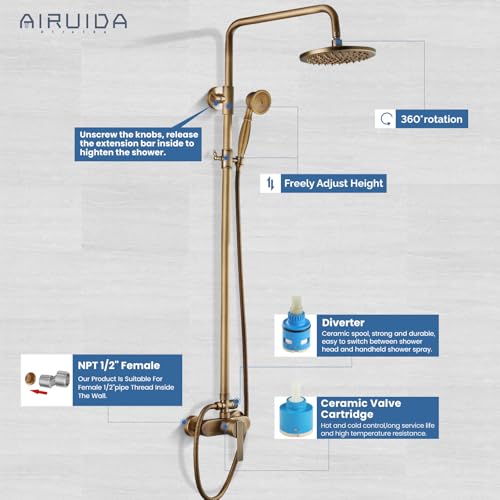 Airuida Antique Brass Exposed Shower System with Handheld Spray | Single Handle,Wall Mount,8 Inch Rainfall Shower Head,Dual Function,Exposed Pipe Fixture for Bathroom - color: Antique Brass