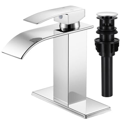 Bathroom Faucets Chrome Waterfall Single Handle Bathroom Sink Faucet | with Pop-up Drain & Deck,Supply Hoses,Chrome Single Handle Vanity Faucet,Stainless Steel,1 or 3 Hole,RV,Fits Home,Bathroom - color: A-Chrome, style: Short