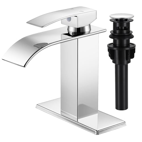 Bathroom Faucets Chrome Waterfall Single Handle Bathroom Sink Faucet | with Pop-up Drain & Deck,Supply Hoses,Chrome Single Handle Vanity Faucet,Stainless Steel,1 or 3 Hole,RV,Fits Home,Bathroom - color: A-Chrome, style: Short
