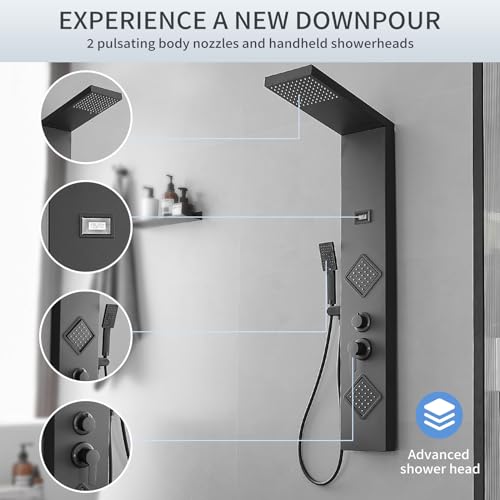 Shower Panel Shower Tower System, Stainless Steel with Massage Body Jets Adjustable, Stand Shower Column Wall Mount, Black