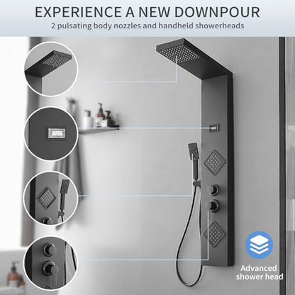 Shower Panel Shower Tower System, Stainless Steel with Massage Body Jets Adjustable, Stand Shower Column Wall Mount, Black