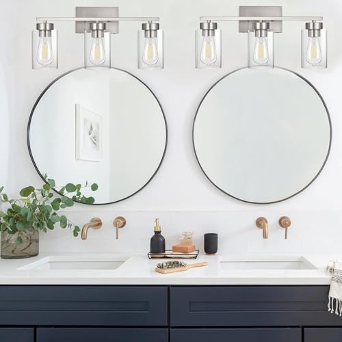 3-Light Bathroom Vanity Light, Modern Brushed Nickel Wall Lights with Clear Glass Shades, Bathroom Wall Sconce Lamp for Mirror Living Room Bedroom Hallway - color: 3 Light Nickel-Small