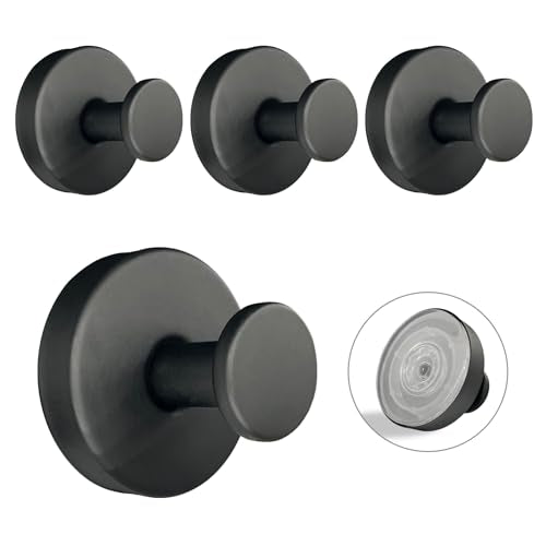 Suction Cup Hooks for Shower - 4 Pack, Matte Black - Stainless Steel, Strong Suction, No Drill, Removable Hanger, Tile Bathroom Kitchen Wall, Glass Door, Mirror Hook Hanging Robe, Towel Holder - color: Matte Black