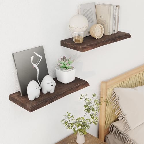 18 inch Floating Shelves for Wall Live Edge, Walnut, 2PCs | 8'' D Rustic Solid Elm Wood, Wall Mounted, Wall Shelves, Invisible Bracket, Living Room Bedroom Kitchen - color: Walnut Live Edge, size: 18x8x1.4in, Set of 2