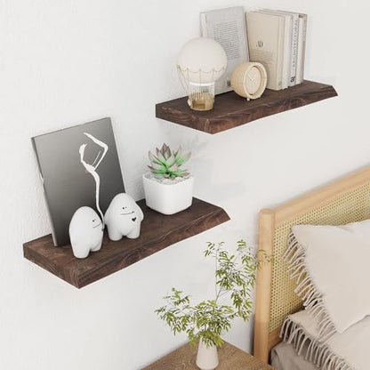 18 inch Floating Shelves for Wall Live Edge, Walnut, 2PCs | 8'' D Rustic Solid Elm Wood, Wall Mounted, Wall Shelves, Invisible Bracket, Living Room Bedroom Kitchen - color: Walnut Live Edge, size: 18x8x1.4in, Set of 2
