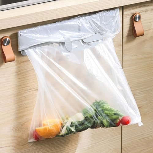 Foldable Wall-Mounted Trash Rack – No Drill Collapsible Hanging Garbage Bag for Cabinet Doors Table Sides Kitchen Bathroom Office ﻿ (Grey) - color: Grey