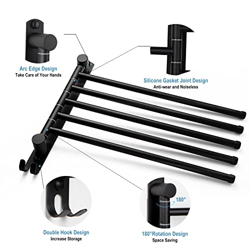 5-Arm Swivel Towel Rack - 180° Rotating Wall Mounted - 304 Stainless Steel Rustproof - Heavy Duty Space Saving for Bathroom Kitchen Laundry Room (Matte Black) - color: Black, size: 5 Arms