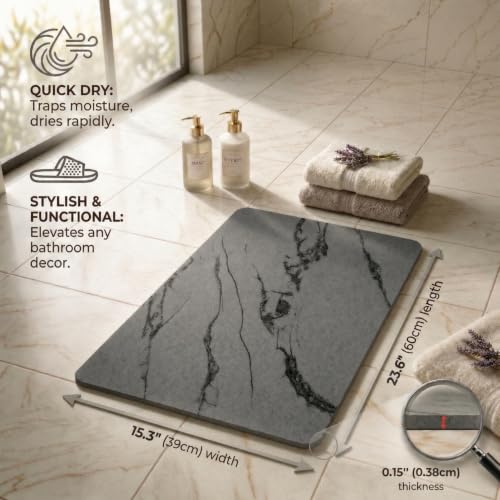 Stone Bath Mat – Diatomaceous Earth Quick Drying Non-Slip Bathroom Mat – Absorbent Diatomite Shower Mat, Durable & Easy to Clean, Modern, 23.6" x 15.3", (Charcoal Black - Marble) - color: Charcoal Black - Marble