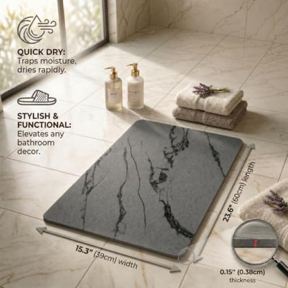 Stone Bath Mat – Diatomaceous Earth Quick Drying Non-Slip Bathroom Mat – Absorbent Diatomite Shower Mat, Durable & Easy to Clean, Modern, 23.6" x 15.3", (Charcoal Black - Marble) - color: Charcoal Black - Marble