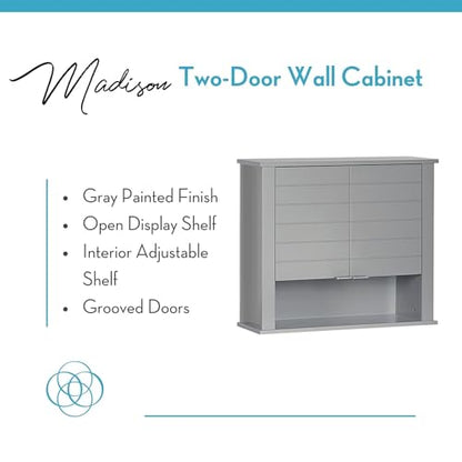 RiverRidge Madison Two-Door Over The Toilet Storage Cabinet Gray Wall Mounted Medicine Cabinet with Adjustable Shelves, Modern Flat Handles & Horizontal Grooved Aesthetic