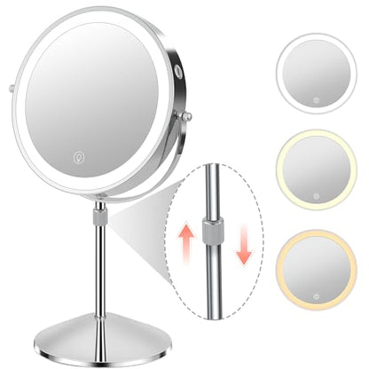 Lighted Makeup Mirror with Magnification, 10X 8’’Rechargeable Double Sided Vanity Mirror with Lights Magnifying Makeup Mirror with 3 Color Light with 360° Rotation, Detachable Base
