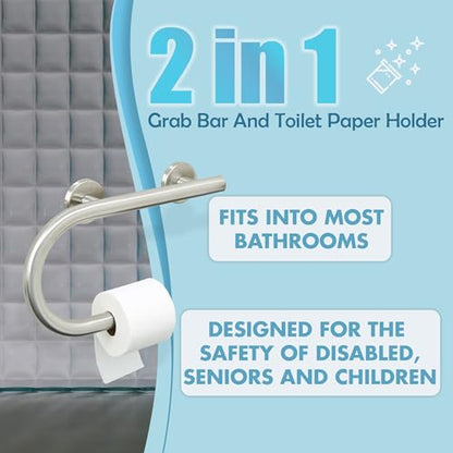 Grab Bar Toilet Paper Holder - Bathroom Safety Aid/304 Stainless Steel/Left/Brush Finish/ 16.5"x 10" - color: Brushed Stainless Steel, Left Hand