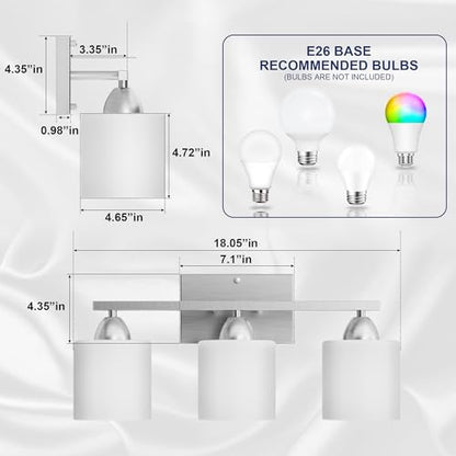 Bathroom Lighting Fixtures Over Mirror Brushed Nickel, Anti-Rust 3-Light Bathroom Vanity Lights, Modern 18Inches Wall Sconces E26 Base, Milky White Glass Shades, Bulbs Not Included - color: Brushed Nickel-3Light
