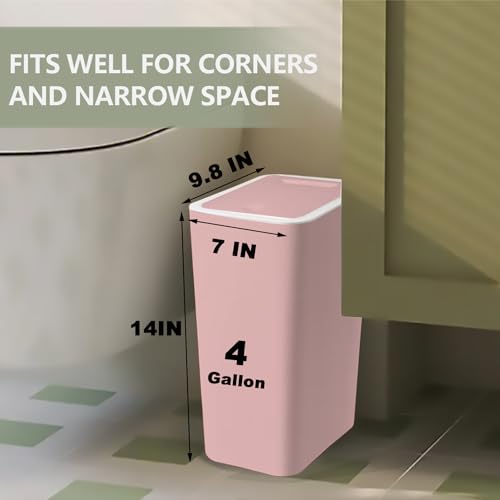 2 Pack Pink Slim Space-Saving Trash Can with Press Top Lid, 15L 4 Gallon Cute Durable Plastic Garbage Bin for Kitchen, Bathroom, RV, Office, Small Container Wastebasket for Narrow Spaces (Pink)