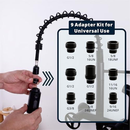 Pull Down Kitchen Faucet Head Replacement, 3 Function Pull Out Sprayer Head Nozzle with 9 Adapters for Kitchen Sink Faucet American Standard, Matte Black - color: Matte Black