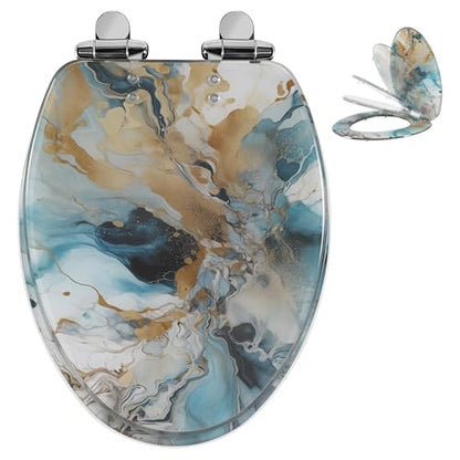 Angol Shiold ELONGATED Resin Soft Close Toilet Seat Marble 18.5" | Quick Release Heavy Duty Decorative Acrylic Seats Easy to Clean (Modern Green Marble Art Print) - color: Green