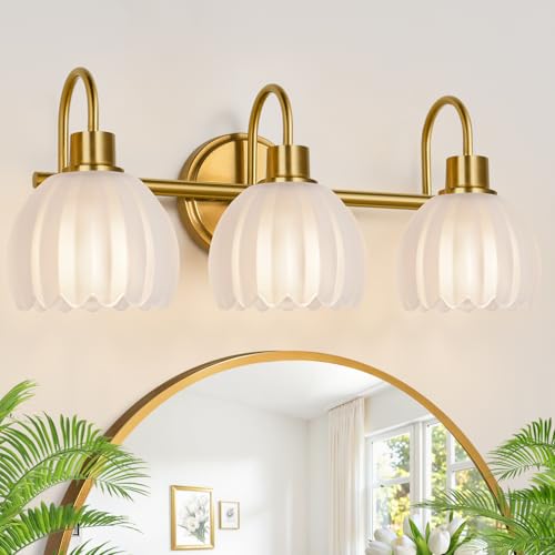 3-Light Bathroom Vanity Light, 20" Brushed Gold Bathroom Light Fixtures with Ribbed Frosted Clear Tulip Glass Shade, Vanity Lighting Fixtures Over Mirror for Bedroom Living Room Hallway - color: Brushed Gold - Tulip Frosted Clear, size: 3-light