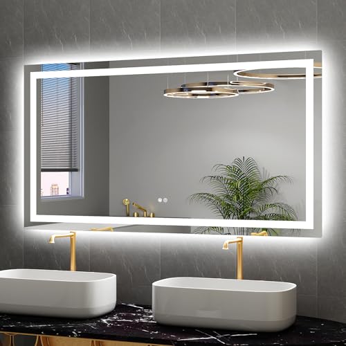 LED Mirror for Bathroom 55x30 Lighted Bathroom Vanity Mirrors with Lights, Brighter Frontlit and Backlit Anti-Fog Mirror, Tempered Glass, Dimmable 3 Colors Light Modes, Memory Function - size: 55"L x 30"W