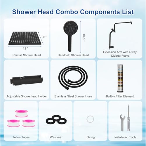 Metal 12" Rain Showerhead with 10-Spray Handheld, Easy Reach 4-way Diverter | Oil Rubbed Bronze Finish, NSF/ANSI/CAN 372 Certified, High Pressure Shower Head with Pause Mode, 71" Hose/12" Extension Arm - color: Oil Rubbed Bronze, style: Square 12"
