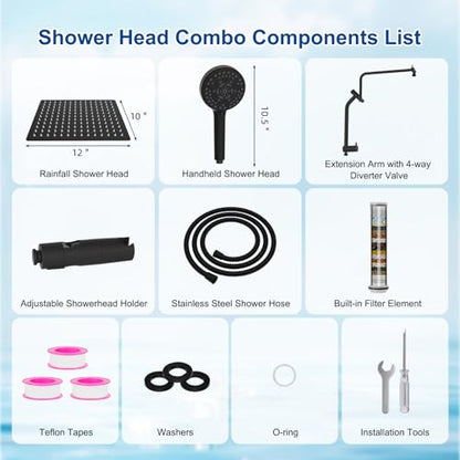 Metal 12" Rain Showerhead with 10-Spray Handheld, Easy Reach 4-way Diverter | Oil Rubbed Bronze Finish, NSF/ANSI/CAN 372 Certified, High Pressure Shower Head with Pause Mode, 71" Hose/12" Extension Arm - color: Oil Rubbed Bronze, style: Square 12"