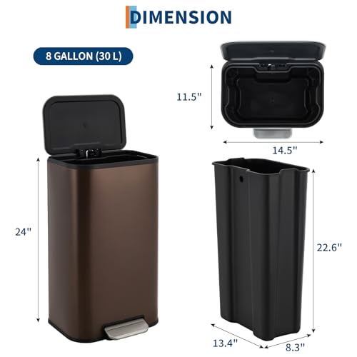 GarveeHome 8 Gal Kitchen Trash Can, Stainless Steel Garbage Can, Brown | Soft Close Lid, Hands-Free Foot Pedal, Removable Inner Bucket, Rectangular Step On Waste Bin for Home Office Living Room - color: Brown, size: 30 L