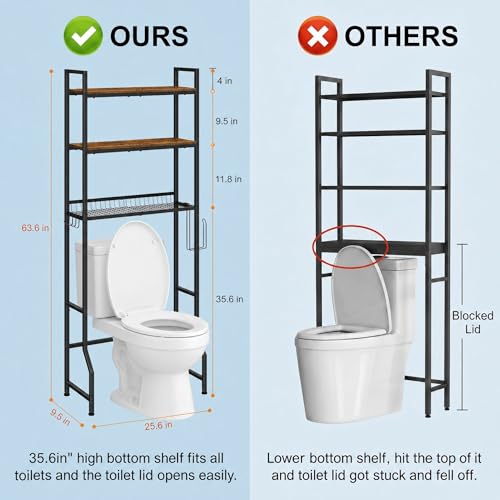 Over the Toilet Storage Cabinet Bathroom Storage Above Toilet | Over the Toilet Shelf, with Paper Holder and 4 Hooks, with Metal Frame, Space-Saving, Large Capacity Storage, Brown - color: Brown