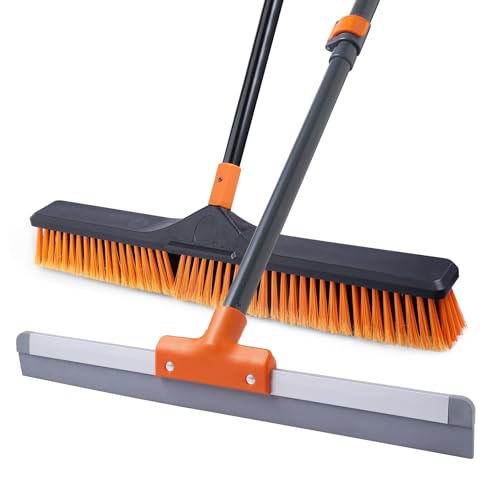 CLEANHOME Rubber Floor Squeegee for Concrete Floor, Tile Floor-24”Push Broom Brush for Floor Cleaning with 65” Long Handle and Stiff Bristles