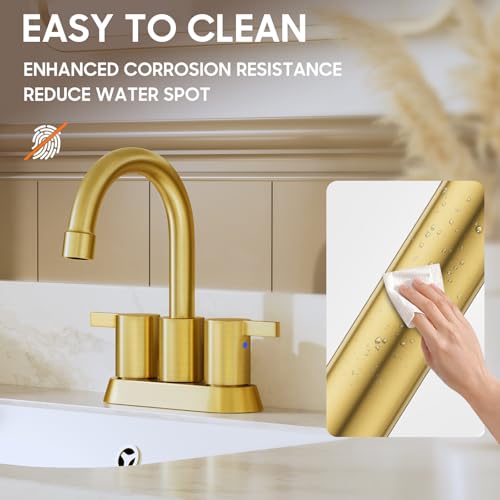 Brushed Gold 4 Inch 2 Handle Centerset Lead-Free Bathroom Faucet, Swivel Spout with Copper Pop Up Drain and 2 Water Supply Lines, BF015-1-BG - color: Brushed Gold