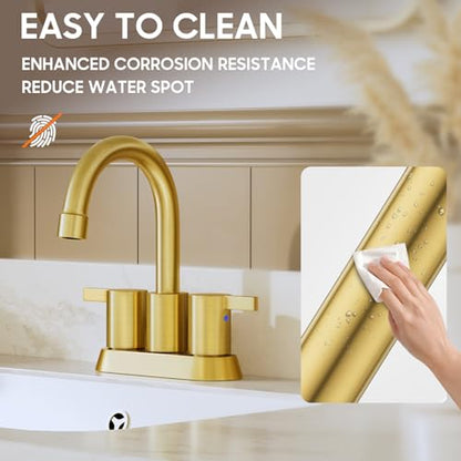Brushed Gold 4 Inch 2 Handle Centerset Lead-Free Bathroom Faucet, Swivel Spout with Copper Pop Up Drain and 2 Water Supply Lines, BF015-1-BG - color: Brushed Gold