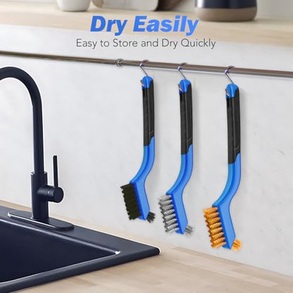 Wire Brush Set, 6 Pcs Stainless Steel/Brass/Nylon Wire Brushes | Blue, 7" Total Length for Tight Spaces, For Cleaning with Curved Handle Grip for Rust Removal, Dirt, Paint Scrubbing - style: Blue-6pcs