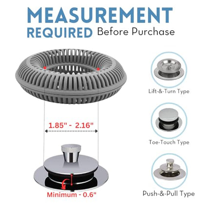 TubRing Pop-Up Drain Protector & Strainer Silicone Hair Catcher, Gray | Easy snap-in design fits around bathtub stoppers. Customizable utility guard for clog prevention. Fits 1.85"- 2.16" drains. - color: Gray