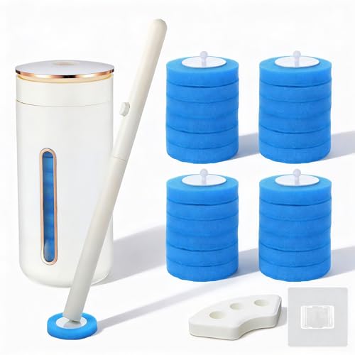 Disposable Toilet Brush, Toilet Bowl Cleaning System with Holder & 24 Count Wand Refill, No-Mess Clean Brush Starter Kit with 1 Toilet Wand, 1 Storage Caddy, 1 Fragrant Tablet (1 + 24)