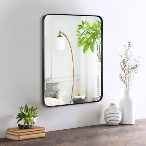 Wall Mount Mirror for Bathroom, Brushed Black Metal Framed Rounded Corner Rectangular Vanity Mirror (18" x 24", Black) - color: Black, size: 24"L x 18"W, style: Rectangle