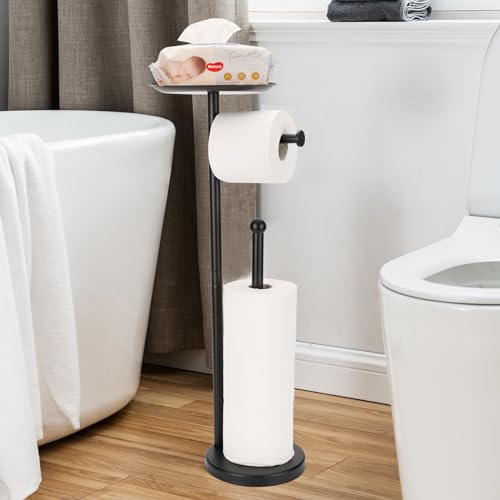 Black Toilet Paper Holder Stand, Freestanding Toilet Paper Holder with Shelf for Small Items, Toilet Paper Stand with Storage Space for 4 Extra Toilet Paper Rolls - color: Black Matte
