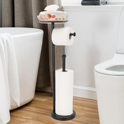 Black Toilet Paper Holder Stand, Freestanding Toilet Paper Holder with Shelf for Small Items, Toilet Paper Stand with Storage Space for 4 Extra Toilet Paper Rolls - color: Black Matte