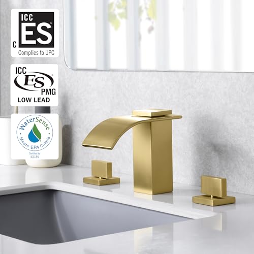 SUMERAIN Brushed Gold Waterfall Bathroom Faucet 3 Hole 8 Inch Widespread Bathroom Sink Faucet - color: Brushed Gold