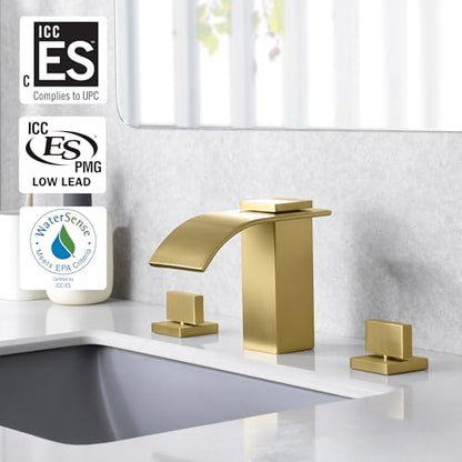 SUMERAIN Brushed Gold Waterfall Bathroom Faucet 3 Hole 8 Inch Widespread Bathroom Sink Faucet - color: Brushed Gold