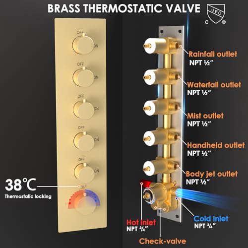 Enga Thermostatic Shower System with Body Jets, 20-Inch LED Rainfall Mist Waterfall Luxury Multi Function Rain Shower Faucet Set, All Functions Can Operate Simultaneously, Brushed Gold - color: Brushed Gold, style: 20" Head (Rain + Mist+Waterfall) - Jets