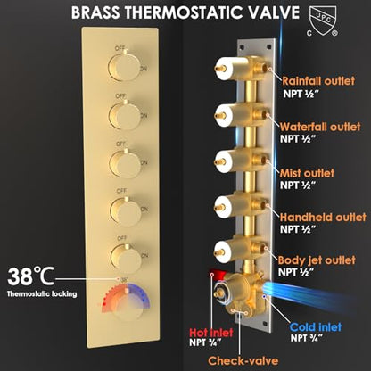 Enga Luxury Dual Shower Head System LED Thermostatic Shower System with 6 inch Wall Shower, 20-Inch 3 Function Shower Head (Rainfall & Mist & Waterfall), Brushed Gold - color: Brushed Gold, style: 20" Head (Rain + Mist+Waterfall) - 6" Head