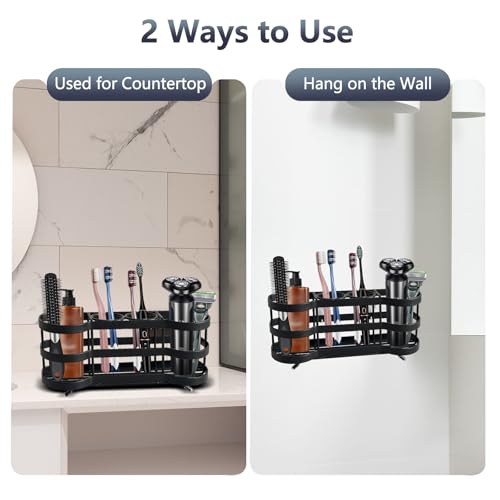 Wall Mount Toothbrush Holder, Black, Stainless Steel, 4 Slots | Self-Adhesive, Wallmount/Countertop, For Shower, Bathroom Organizer - color: Black Flat
