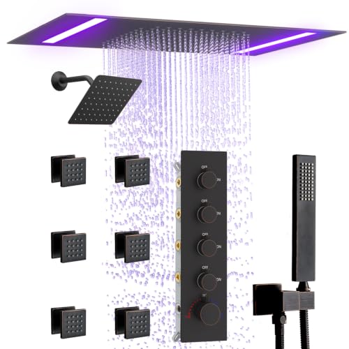 Thermostatic Shower System with 14x20 Inch Ceiling Mount LED Head & 6 Inch Wall Head and Handheld Shower 4 Function Vale with body jets, Oil Rubbed Bronz - color: Oil Rubbed Bronz, style: 14x20 led+6 jets